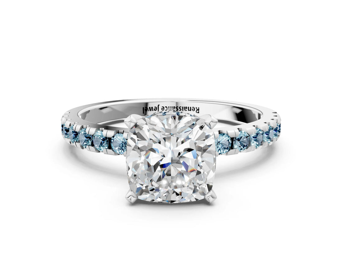Silver Cushion Cut Diamond Solitaire Ring with Round with Aquamarine side stone Pavé Band and Four-Prong Setting_12