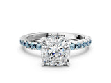 Silver Cushion Cut Diamond Solitaire Ring with Round with Aquamarine side stone Pavé Band and Four-Prong Setting_12