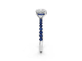 Silver Cushion Cut Diamond Solitaire Ring with Round with Blue Sapphire side stone Pavé Band and Four-Prong Setting_14