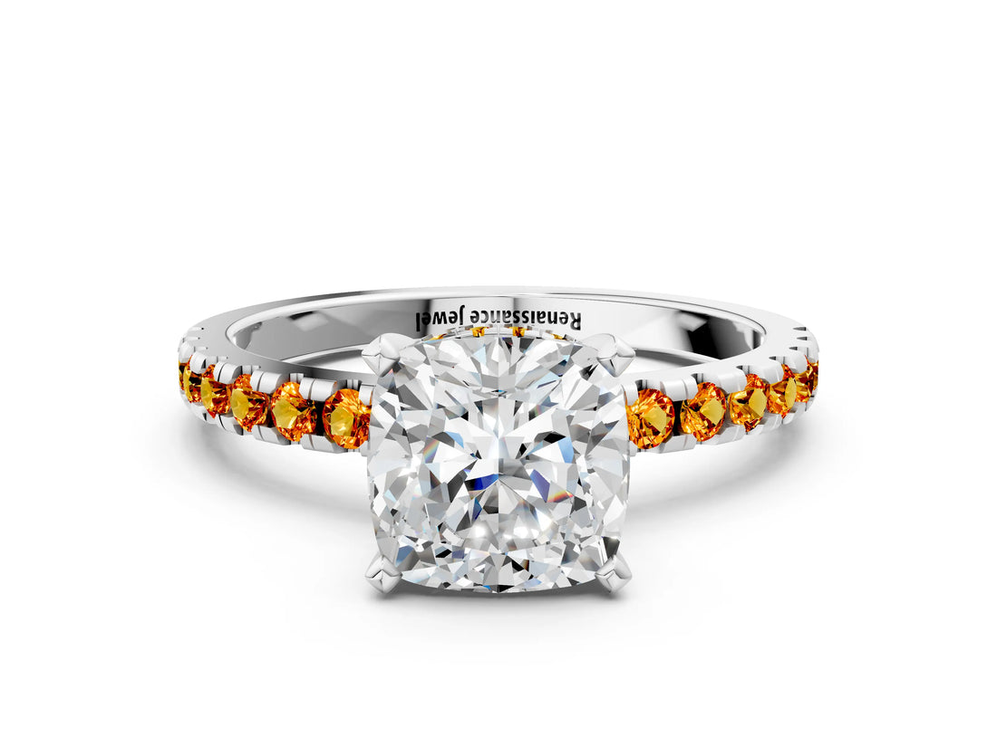 Silver Cushion Cut Diamond Solitaire Ring with Round with Citrine side stone Pavé Band and Four-Prong Setting_12
