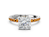 Silver Cushion Cut Diamond Solitaire Ring with Round with Citrine side stone Pavé Band and Four-Prong Setting_12