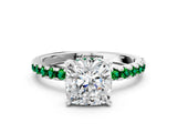 Silver Cushion Cut Diamond Solitaire Ring with Round with Emerald side stone Pavé Band and Four-Prong Setting_12