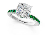 Silver Cushion Cut Diamond Solitaire Ring with Round with Emerald side stone Pavé Band and Four-Prong Setting_13
