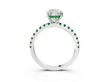 Silver Cushion Cut Diamond Solitaire Ring with Round with Emerald side stone Pavé Band and Four-Prong Setting_15