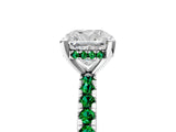 Silver Cushion Cut Diamond Solitaire Ring with Round with Emerald side stone Pavé Band and Four-Prong Setting_17