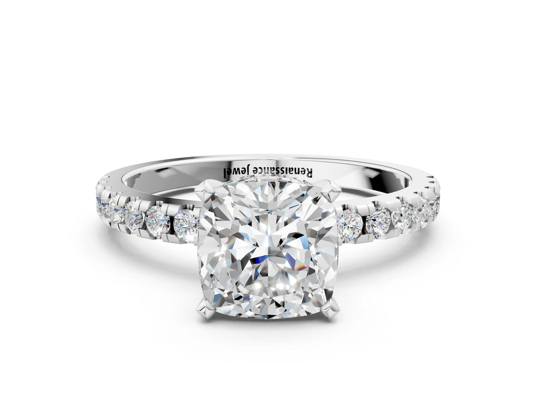 Silver Cushion Cut Diamond Solitaire Ring with Round with Moissanite side stone Pavé Band and Four-Prong Setting_12