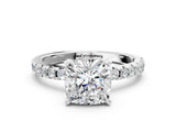Silver Cushion Cut Diamond Solitaire Ring with Round with Moissanite side stone Pavé Band and Four-Prong Setting_12