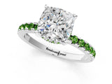 Silver Cushion Cut Diamond Solitaire Ring with Round with Peridot side stone Pavé Band and Four-Prong Setting_13