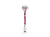 Silver Cushion Cut Diamond Solitaire Ring with Round with Pink Sapphire side stone Pavé Band and Four-Prong Setting_14