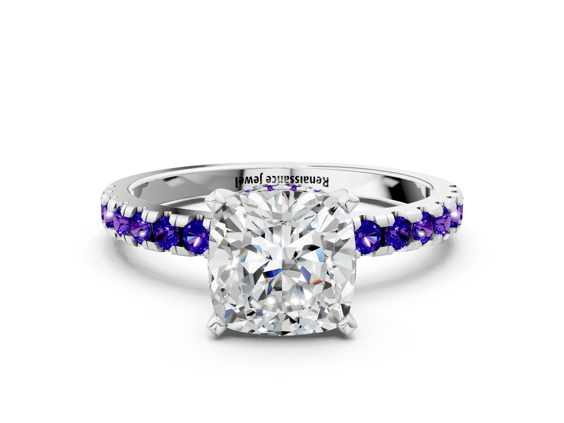 Silver Cushion Cut Diamond Solitaire Ring with Round with Tanzanite side stone Pavé Band and Four-Prong Setting_12