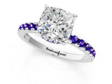 Silver Cushion Cut Diamond Solitaire Ring with Round with Tanzanite side stone Pavé Band and Four-Prong Setting_13