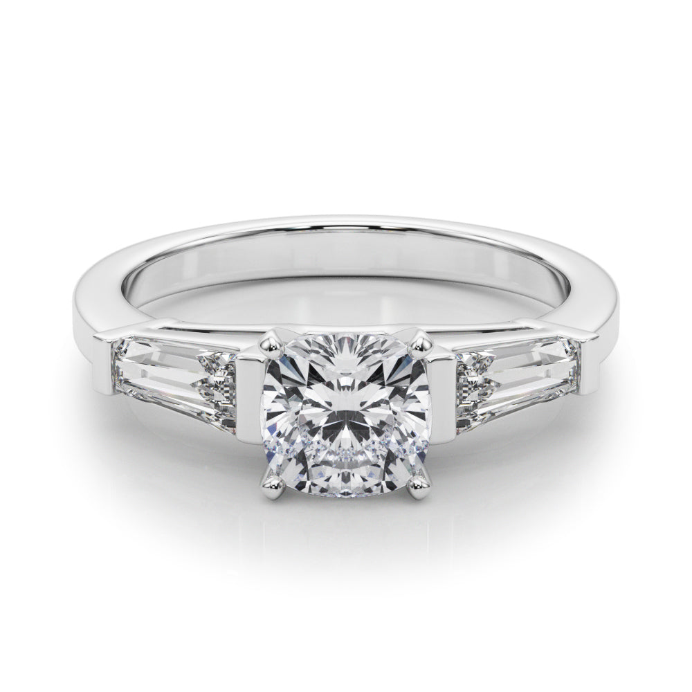 Silver Cushion Cut Diamond Solitaire Ring with Tapered Baguette Accents and Four-Prong Setting