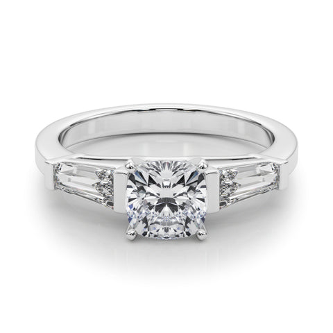 Silver Cushion Cut Diamond Solitaire Ring with Tapered Baguette Accents and Four-Prong Setting