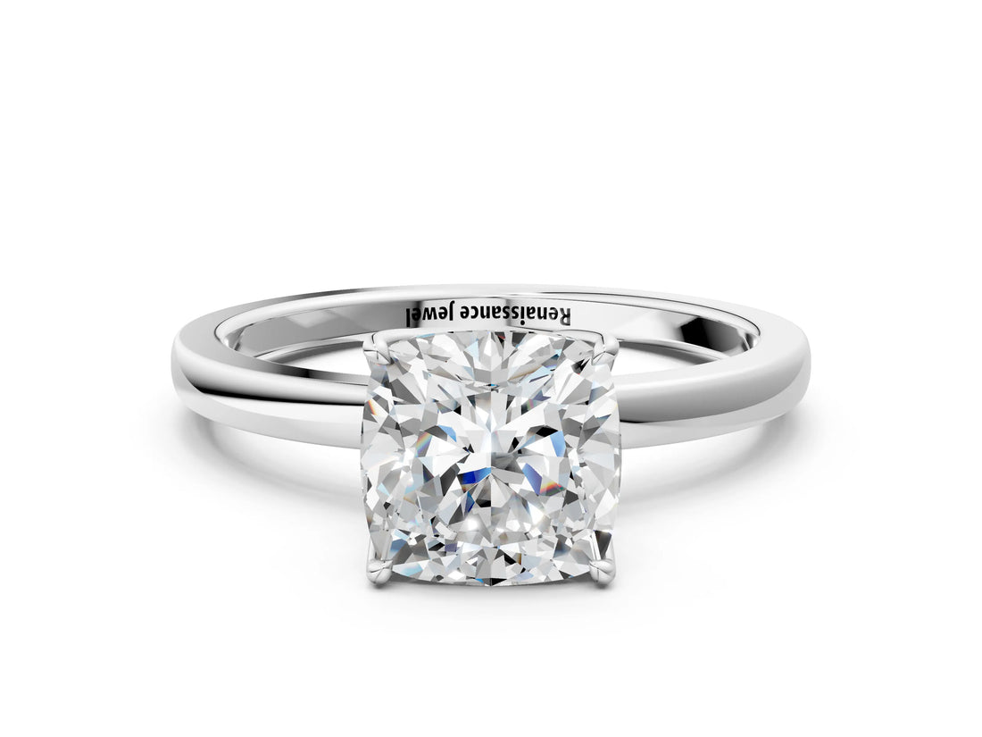 Silver Cushion Cut Diamond Solitaire Ring with Thin Band and Prong Setting_12