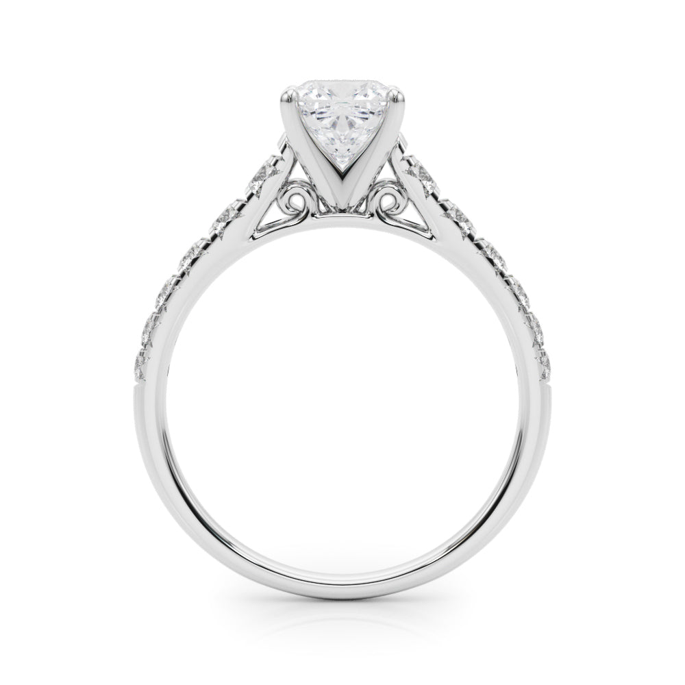 Silver Cushion Cut Diamond Solitaire with Pave Band and Four-Prong Setting 1