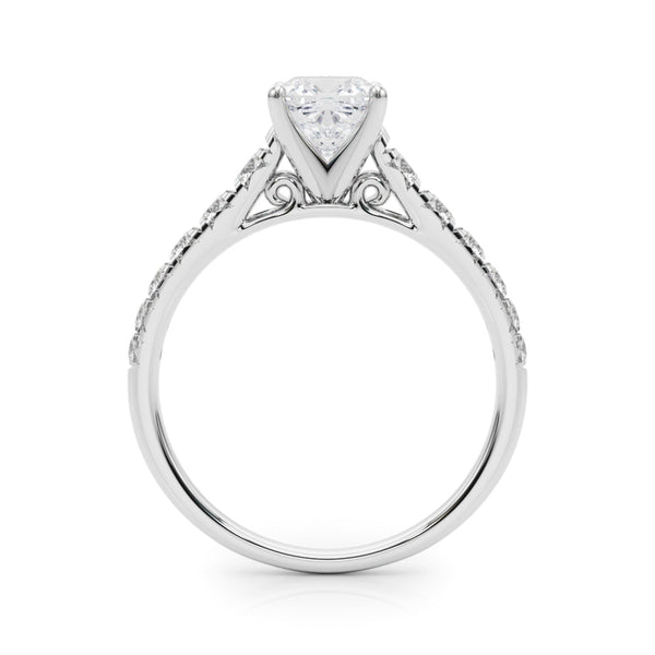 10K White Gold 3.05 Carat E VS1 Cushion Cut Diamond Solitaire with Pave Band and Four-Prong Setting