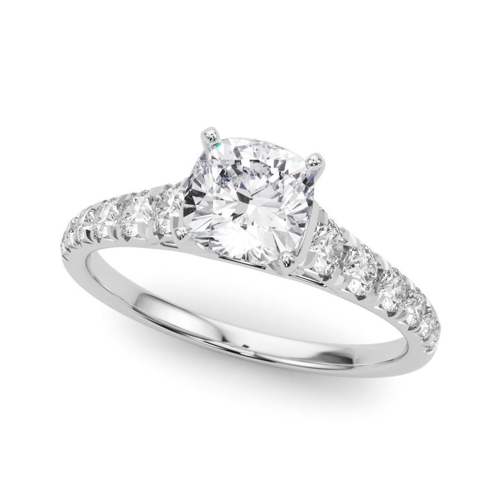 Silver Cushion Cut Diamond Solitaire with Pave Band and Four-Prong Setting 2