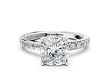 Silver Cushion Cut Diamond Solitaire with Pave Band and Four-Prong Setting
