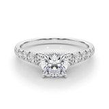 10K White Gold 3.05 Carat E VS1 Cushion Cut Diamond Solitaire with Pave Band and Four-Prong Setting