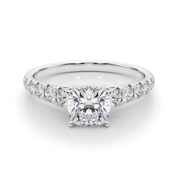 10K White Gold 3.05 Carat E VS1 Cushion Cut Diamond Solitaire with Pave Band and Four-Prong Setting