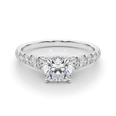 Silver Cushion Cut Diamond Solitaire with Pave Band and Four-Prong Setting