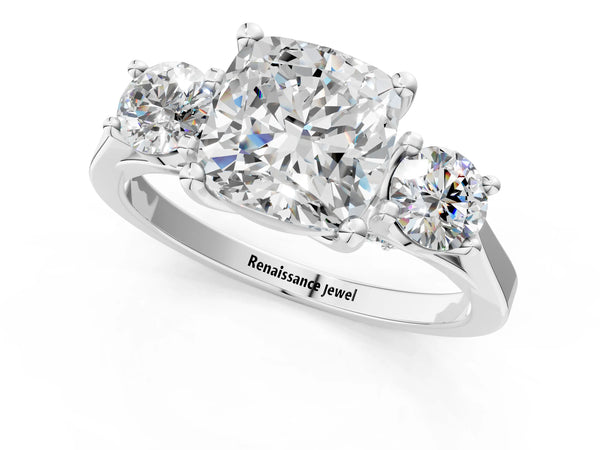 Silver Cushion Cut Diamond Three-Stone Engagement Ring with Prong Setting and Pavé Band