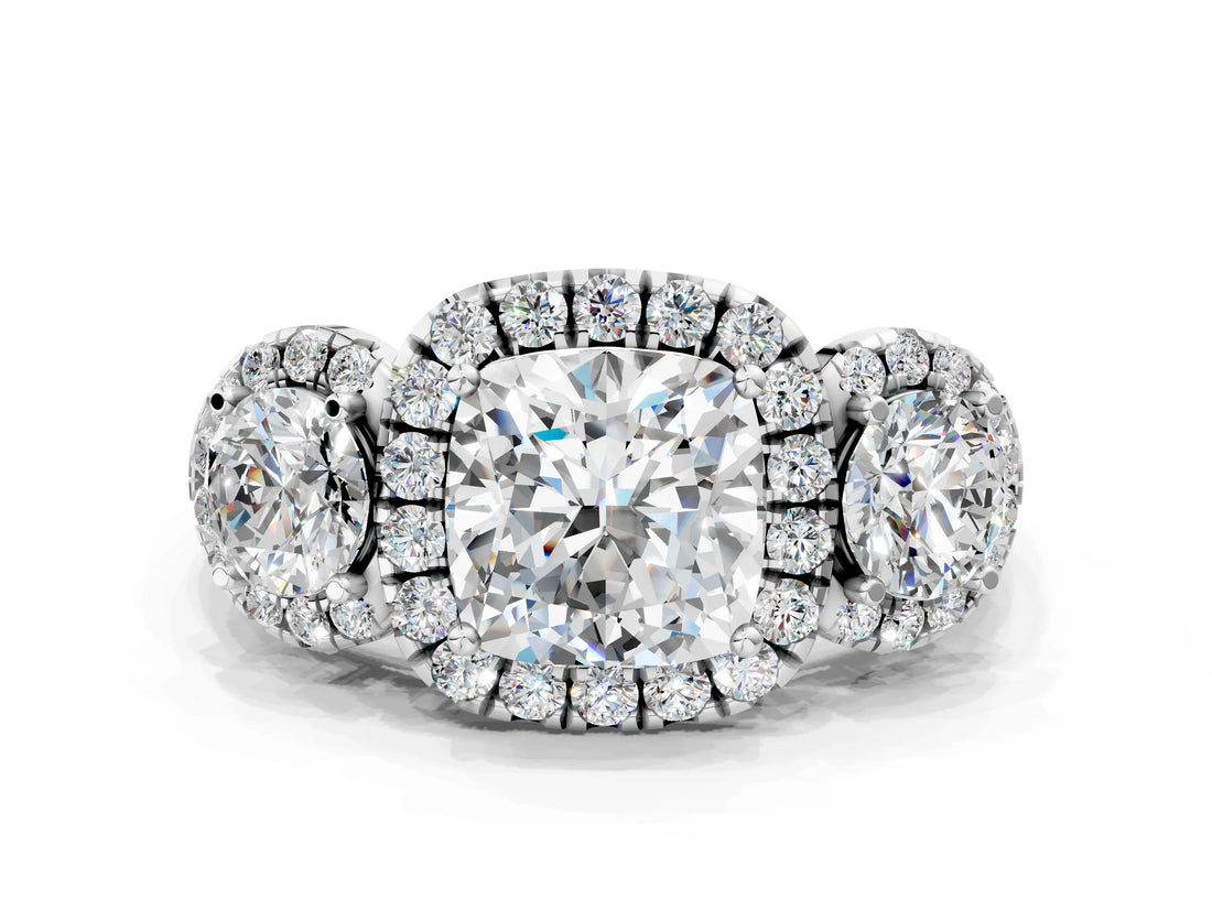 Silver Cushion Cut Diamond Three-Stone Halo Ring with Prong Setting and Pavé Accents_13