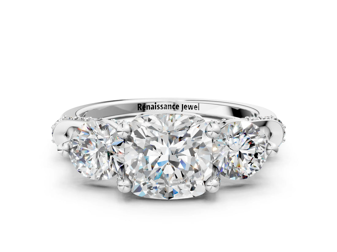 Silver Cushion Cut Diamond Three-Stone Ring with Prong Setting and Pavé Band_7