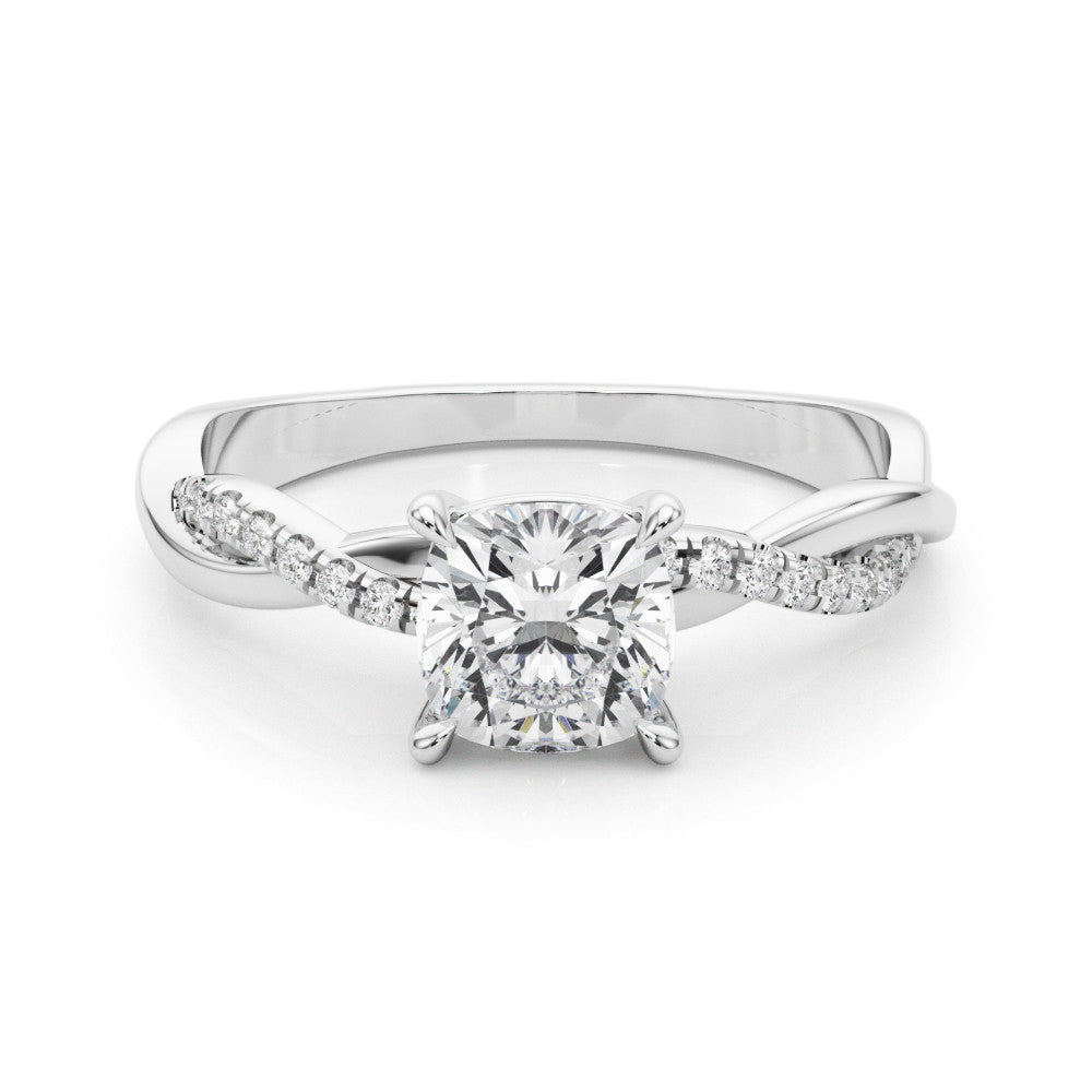 Silver Cushion Cut Diamond Twisted Band with Pavé Setting and Four-Prong Setting