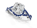 Silver Cushion Cut Diamond with Blue Sapphire side stone Halo Twist Band Solitaire Prong Setting Ring_1