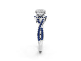 Silver Cushion Cut Diamond with Blue Sapphire side stone Halo Twist Band Solitaire Prong Setting Ring_2