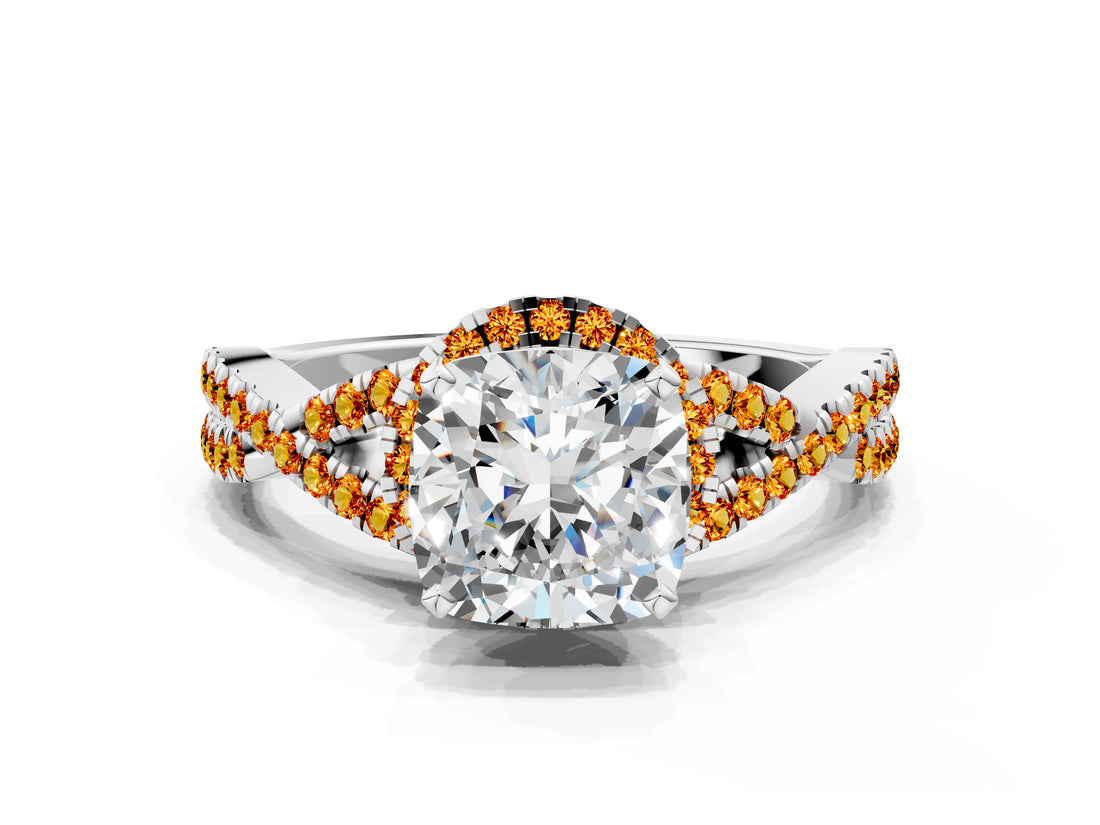 Silver Cushion Cut Diamond with Citrine side stone Halo Twist Band Solitaire Prong Setting Ring