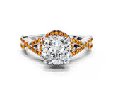 Silver Cushion Cut Diamond with Citrine side stone Halo Twist Band Solitaire Prong Setting Ring