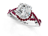 Silver Cushion Cut Diamond with Garnet side stone Halo Twist Band Solitaire Prong Setting Ring_1