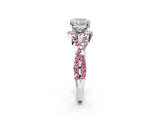 Silver Cushion Cut Diamond with Pink Sapphire side stone Halo Twist Band Solitaire Prong Setting Ring_2