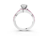 Silver Cushion Cut Diamond with Pink Sapphire side stone Halo Twist Band Solitaire Prong Setting Ring_3