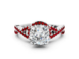 Silver Cushion Cut Diamond with Ruby side stone Halo Twist Band Solitaire Prong Setting Ring