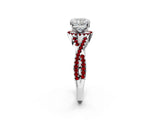 Silver Cushion Cut Diamond with Ruby side stone Halo Twist Band Solitaire Prong Setting Ring_2