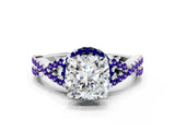Silver Cushion Cut Diamond with Tanzanite side stone Halo Twist Band Solitaire Prong Setting Ring