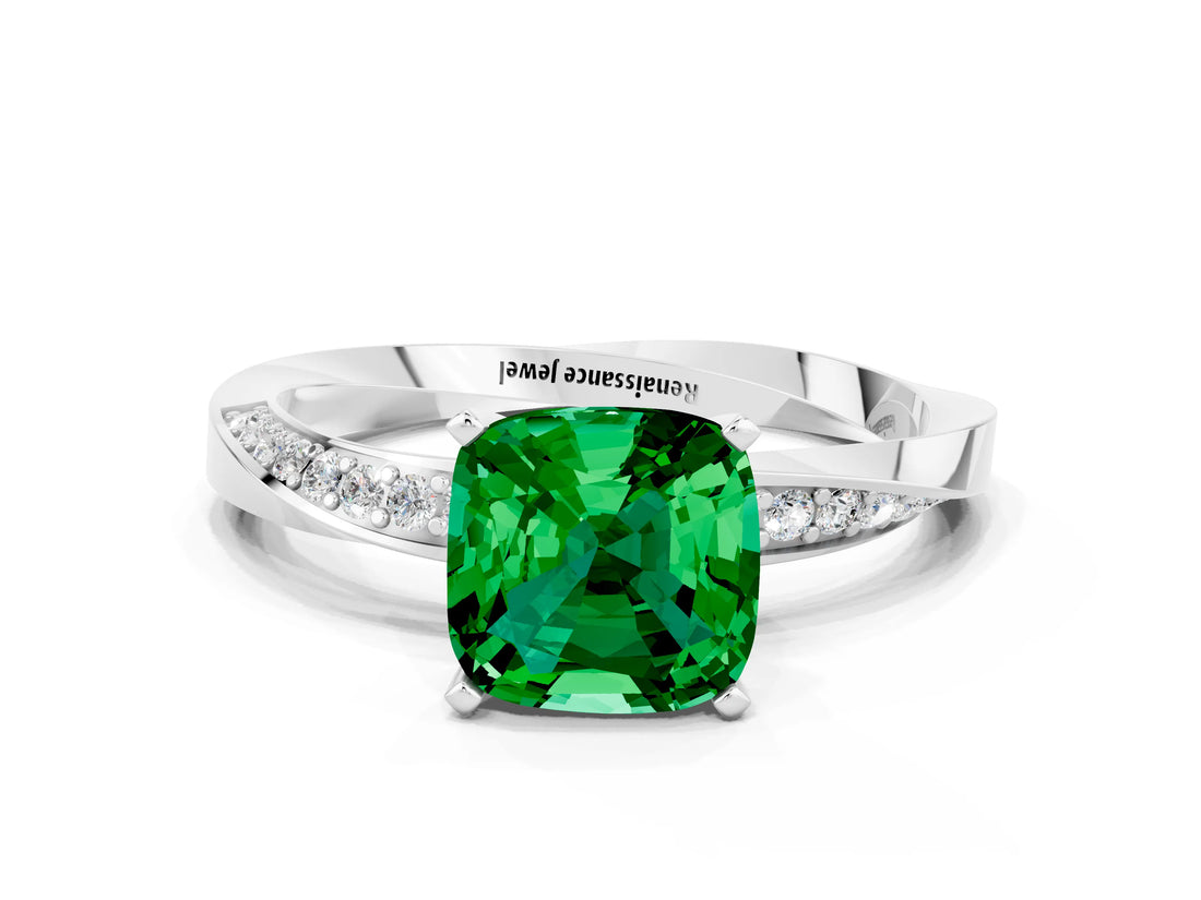 Silver Cushion Cut Emerald Engagement Ring with Side Stone Accents and Four-Prong Setting_12