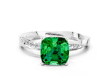 Silver Cushion Cut Emerald Engagement Ring with Side Stone Accents and Four-Prong Setting_12