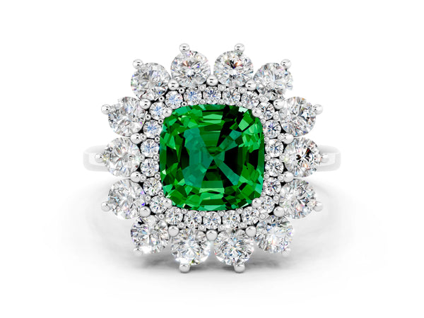 Sterling Silver Cushion Cut Lab-Grown Emerald Floral Double Halo Engagement Ring with Plain Band