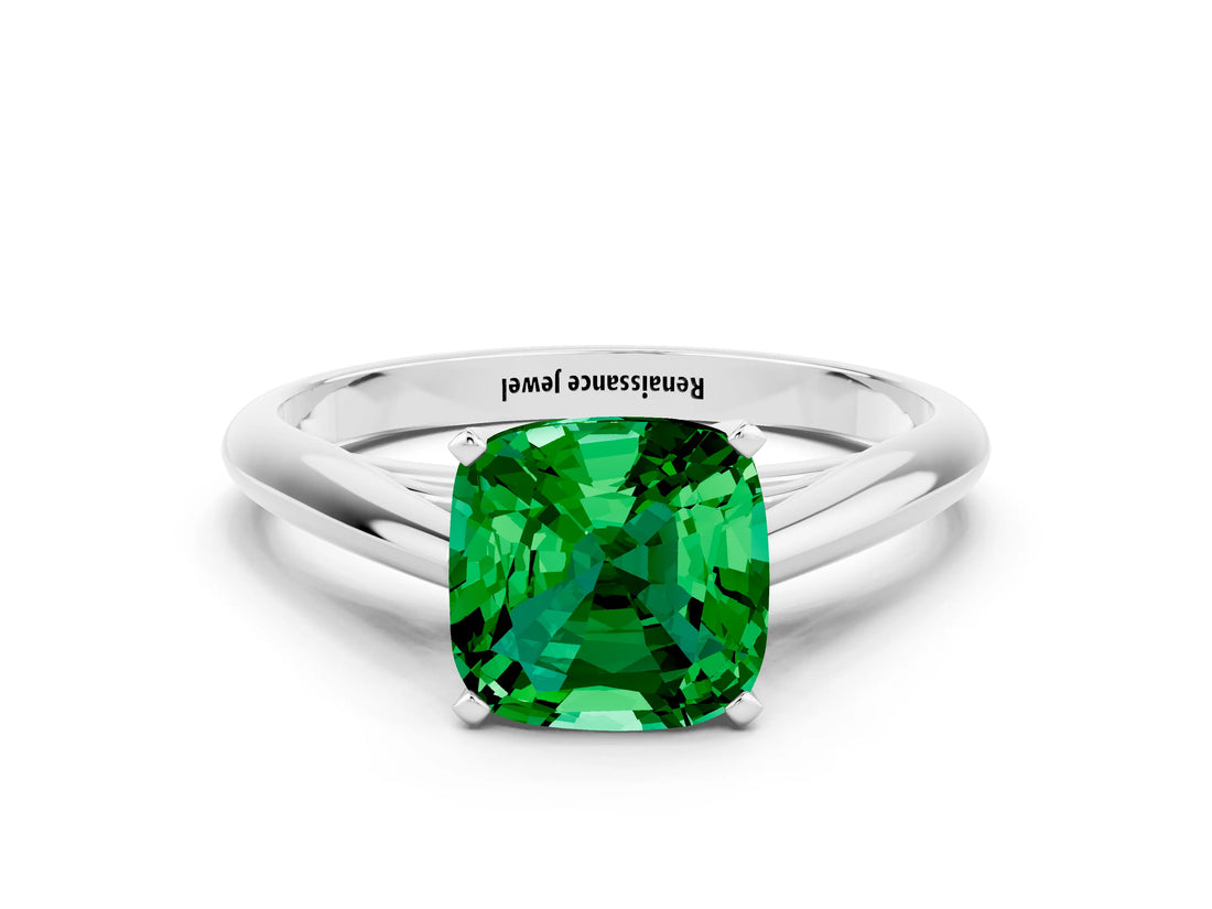 Silver Cushion Cut Emerald Solitaire Engagement Ring with Cathedral Setting and Four-Prong Mount_12