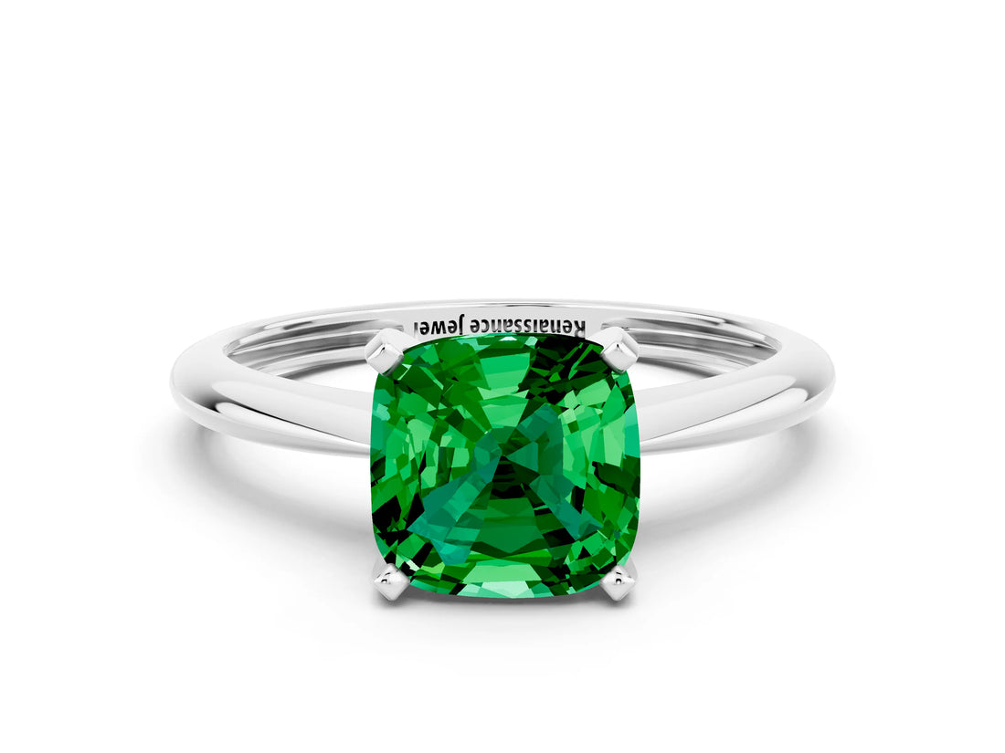 Silver Cushion Cut Emerald Solitaire Engagement Ring with Classic Band and Four-Prong Setting_12