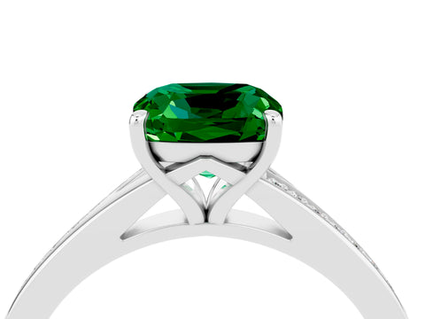 Silver Cushion Cut Emerald Solitaire Ring with Pavé Band and Prong Setting_16