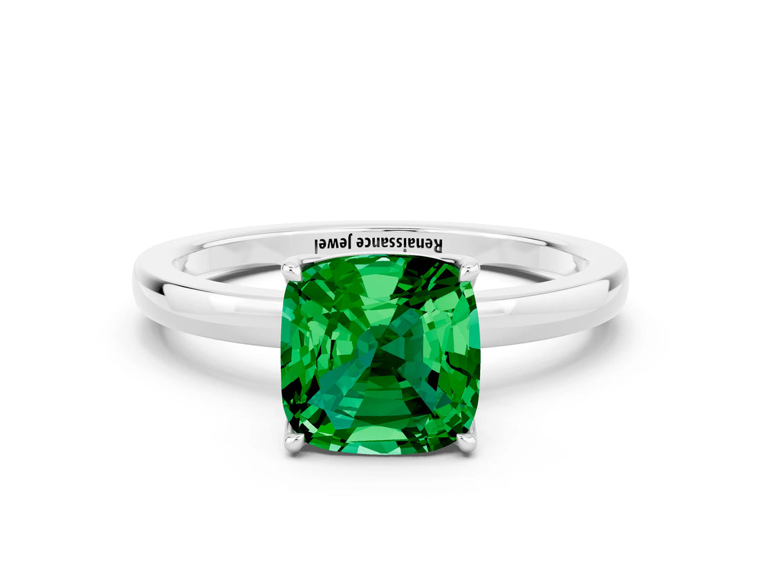 Silver Cushion Cut Emerald Solitaire Ring with Thin Band and Prong Setting_42