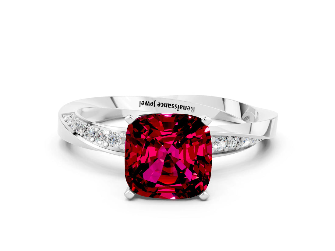 Silver Cushion Cut Garnet Engagement Ring with Side Stone Accents and Four-Prong Setting_12