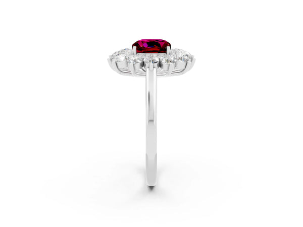 Silver Cushion Cut Garnet Floral Double Halo Engagement Ring with Prong Setting