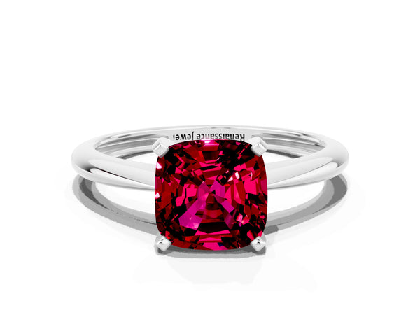 Silver Cushion Cut Garnet Solitaire Engagement Ring with Classic Band and Four-Prong Setting