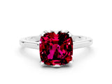 Silver Cushion Cut Garnet Solitaire Ring with Flower Prong Setting and Classic Band